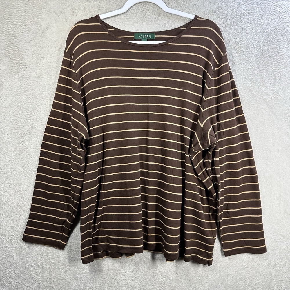 Lauren Ralph Lauren 3X Brown Jersey Knit Top Tunic 3/4 Sleeve Striped Womens